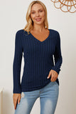 Ribbed V-Neck Long Sleeve T-Shirt