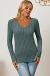 Ribbed V-Neck Long Sleeve T-Shirt