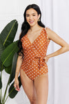 Full- Size Float On Ruffle Faux Wrap One-Piece in Terracotta