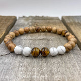 Tigers Eye, White Howlite, & Sandalwood Mala Beaded Bracelet