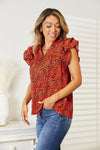 Floral Flutter Sleeve Notched Neck Blouse