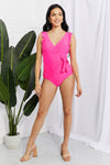 Full Size Float On Ruffle Faux Wrap One-Piece in Pink