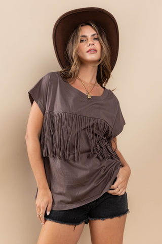 Fringe Detail Round Neck Short Sleeve Top