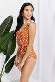 Full- Size Float On Ruffle Faux Wrap One-Piece in Terracotta