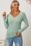 Ribbed V-Neck Long Sleeve T-Shirt