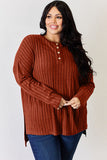 Ribbed Half Button Long Sleeve High-Low T-Shirt