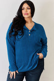 Ribbed Half Button Long Sleeve High-Low T-Shirt