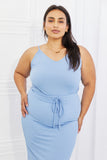 Flatter Me Full-Size Ribbed Front Tie Midi Dress in Pastel Blue