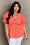 Whimsical Wonders Full Size V-Neck Puff Sleeve Button Down Top