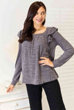 Square Neck Ruffle Shoulder Long Sleeve T-Shirt