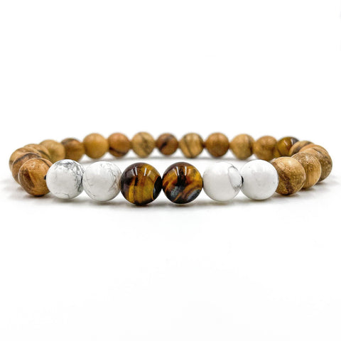 Tigers Eye, White Howlite, & Sandalwood Mala Beaded Bracelet