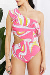 Vitamin C Asymmetric Cutout Ruffle Swimsuit in Pink