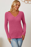 Ribbed V-Neck Long Sleeve T-Shirt