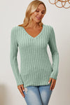 Ribbed V-Neck Long Sleeve T-Shirt