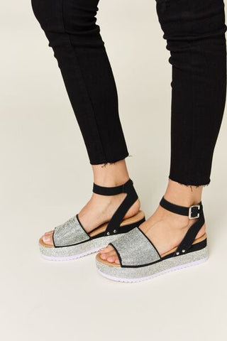 Rhinestone Buckle Strappy Wedge Sandals