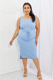 Flatter Me Full-Size Ribbed Front Tie Midi Dress in Pastel Blue