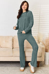 Ribbed Drawstring Hood Top and Straight Pants Set