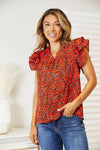 Floral Flutter Sleeve Notched Neck Blouse